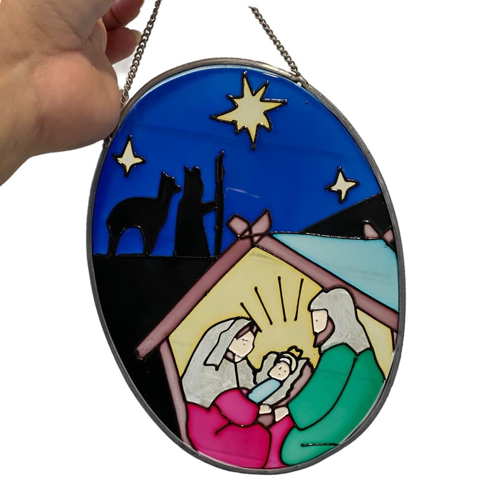 Stained Glass Nativity Set Wall Decor Baby Jesus in Manger Joseph Mary Holy